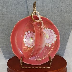 Beautiful Hand Painted Pink Coral Tea Cup and Saucer with Gold Detail